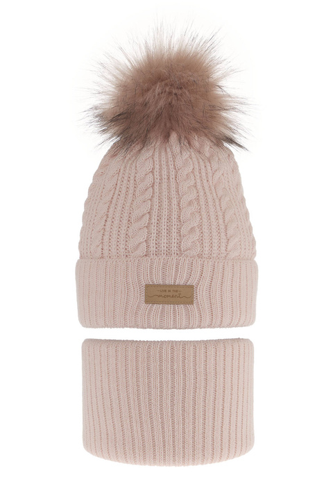 Komplet zimní dívčí: čepice a tunel růžový bambulí Alika