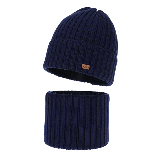 Komplet zimní chlapecký: čepice a tunel, 100% merino vlněný, tmavě modrý, Umberto