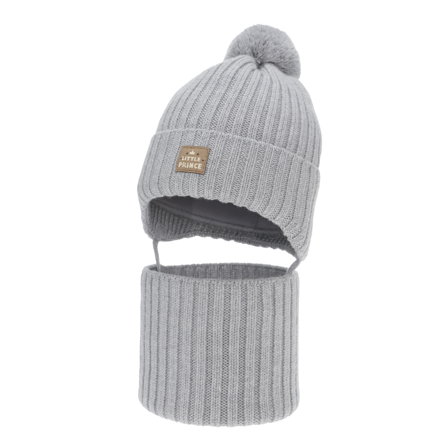 Komplet zimní chlapecký: čepice a tunel, šedý, 100% merino vlněný, podšitý bavlnou, zavazovací, Masil