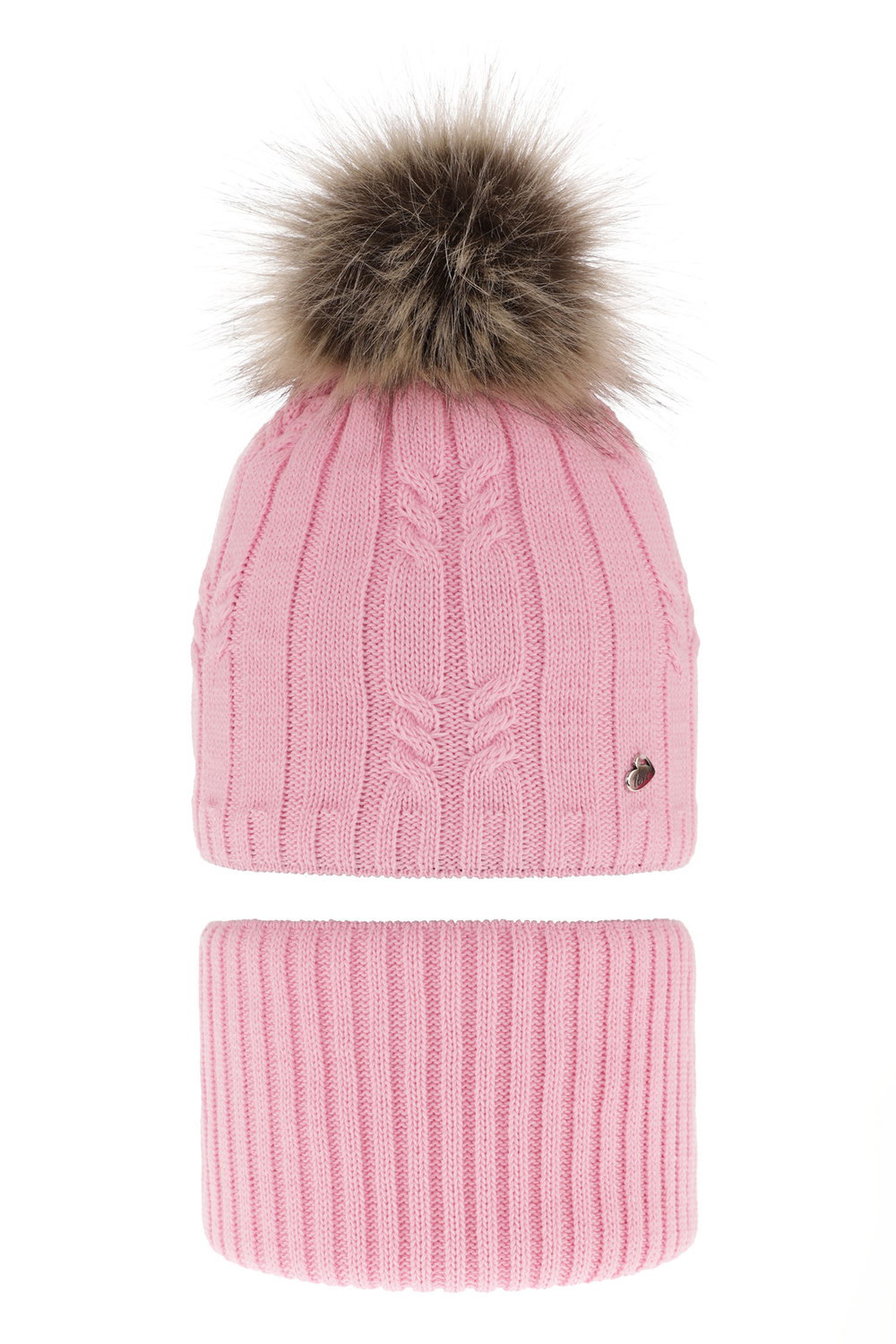 Komplet zimní dívčí: čepice a tunel růžový bambulí Amaltea