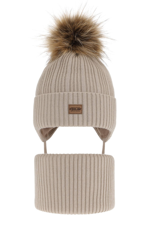 Komplet zimný chlapčenský: čiapka a tunel béžový s bambuľou Eger