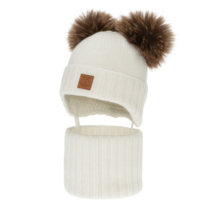 Chlapecká čepice a nákrčník, zimní set, bílý, 100% merino vlna, podšitý vlněným polarem, Ronik