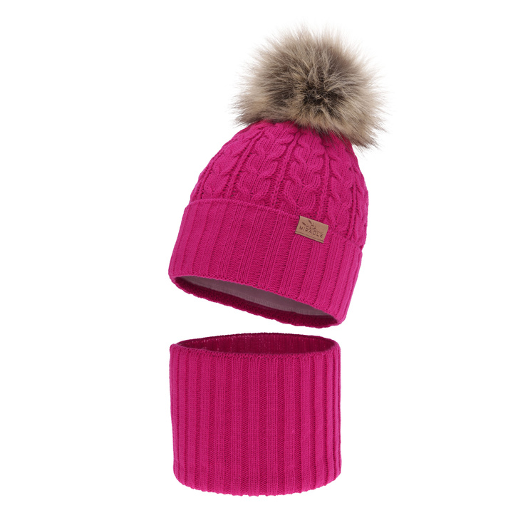 Komplet zimní dívčí: čepice a tunel amarant bambulí Tanzania