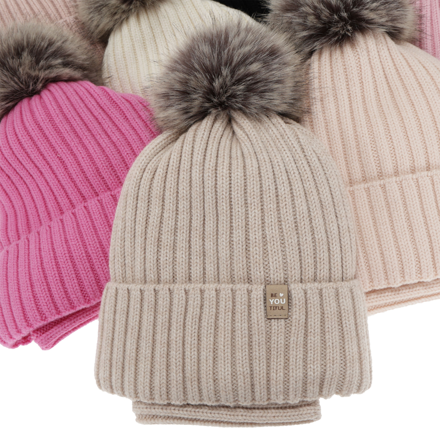 Komplet zimní dívčí: čepice a tunel, béžový, 100% merino vlněný, podšitý bavlnou, s bambulí, Terida