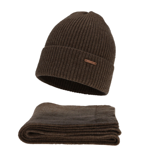 Komplet zimní dámský: čepice a šála, hnědý, s merino vlnou, Seala