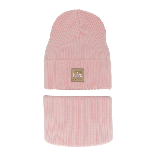 Komplet podzimní/jarní dívčí: čepice a tunel, s bavlnou, růžový Furora