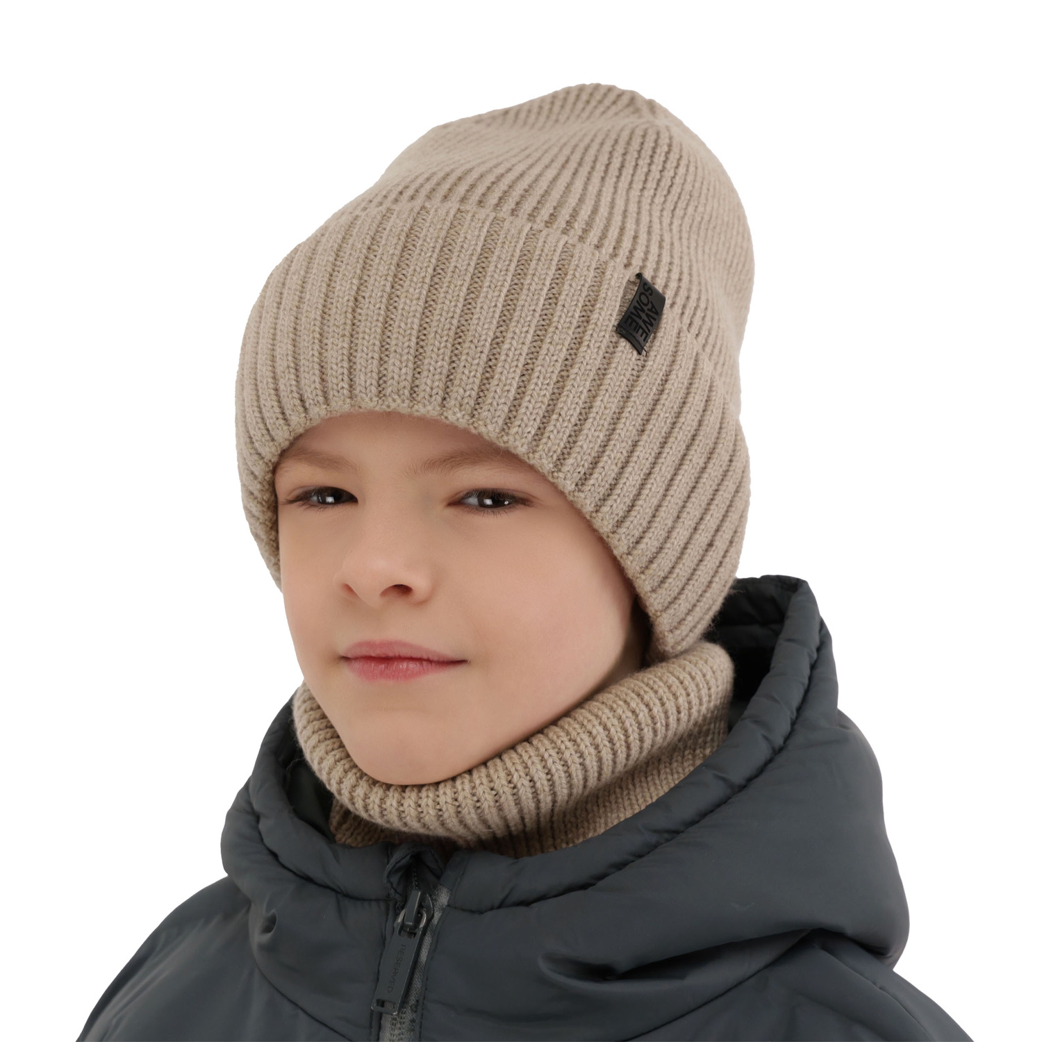 Čepice a tunel pro chlapce, zimní komplet, 100% merino vlněný, s podšívkou z merino vlny, camel Harbin