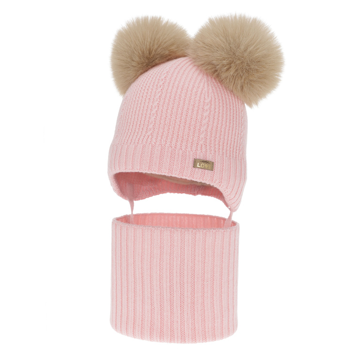 Dívčí čepice a nákrčník, zimní set, růžový, 100% merino vlna, podšitý vlněným polarem, Lumia
