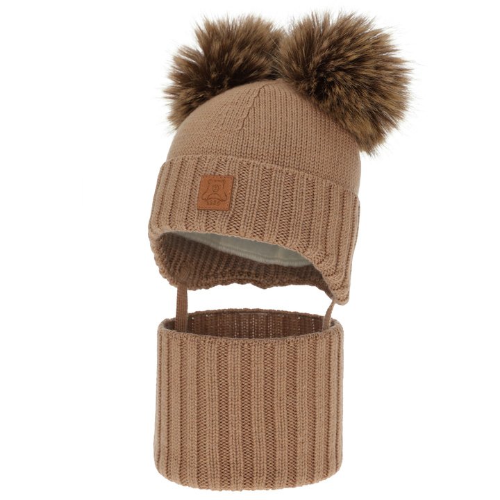 Chlapecká čepice a nákrčník, zimní set, camel, 100% merino vlna, podšitý vlněným polarem, Ronik