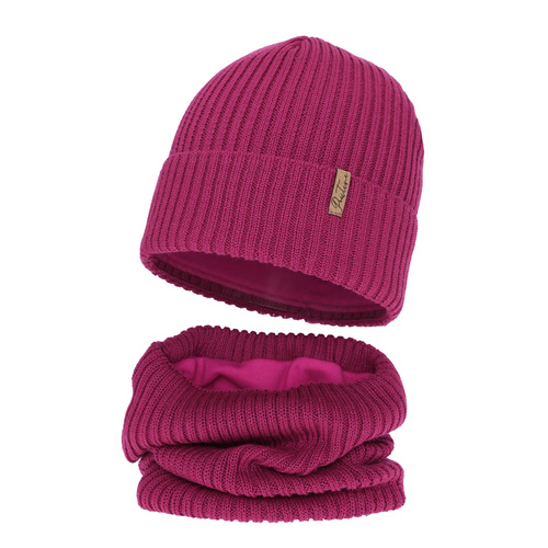 Čepice a tunel podšitý fleecovou vrstvou pro dívku zimní komplet, amarantový, s merino vlnou, Odette
