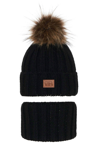 Komplet zimní chlapecký: čepice a tunel černý s bambulí Remes