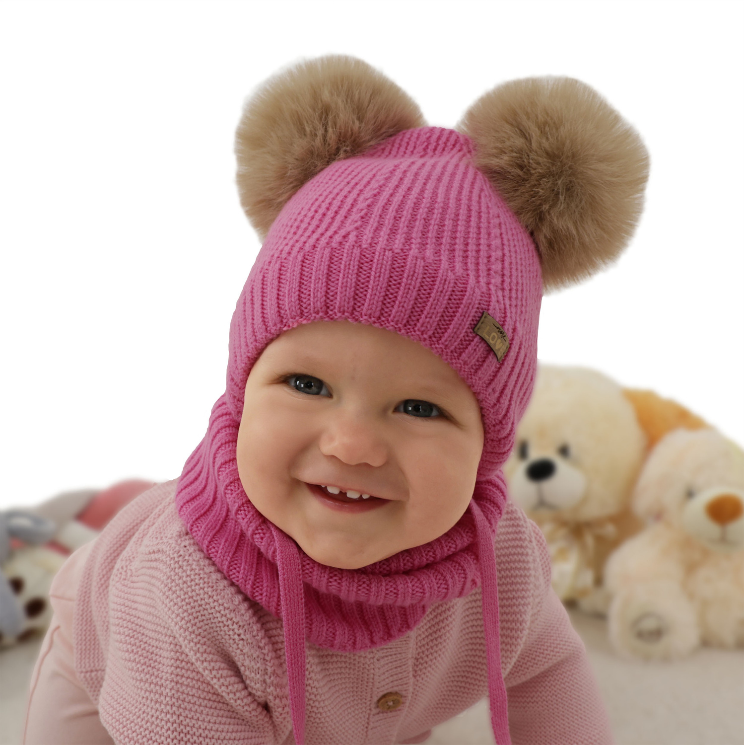 Dívčí čepice a nákrčník, zimní set, růžový, 100% merino vlna, podšitý vlněným polarem, Lumia