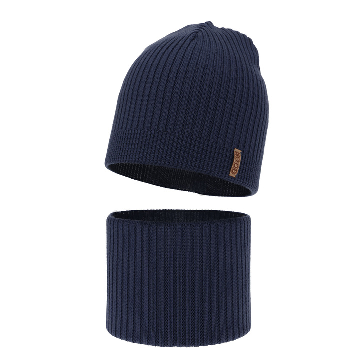 Komplet podzimní/jarní chlapecký: čepice a tunel tmavě modrý 100% extrafine merino vlna Chester