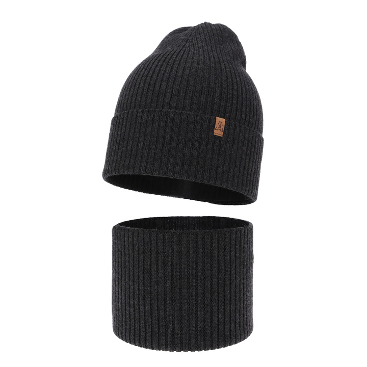 Komplet podzimní/jarní chlapecký: čepice a tunel šedý 100% extrafine merino vlna Lemas