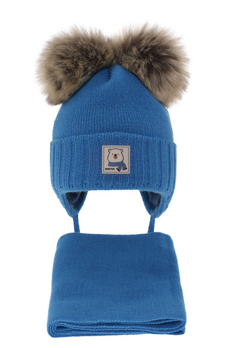 Komplet zimní chlapecký: čepice a šála modrý s dvěma bambulemi Jewel