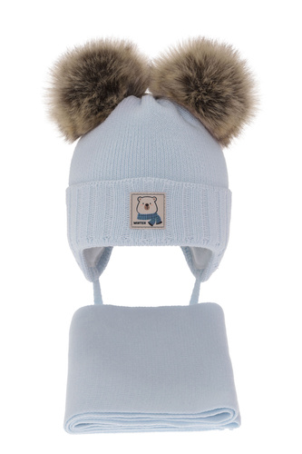 Komplet zimní chlapecký: čepice a šála světle modrý s dvěma bambulemi Jewel