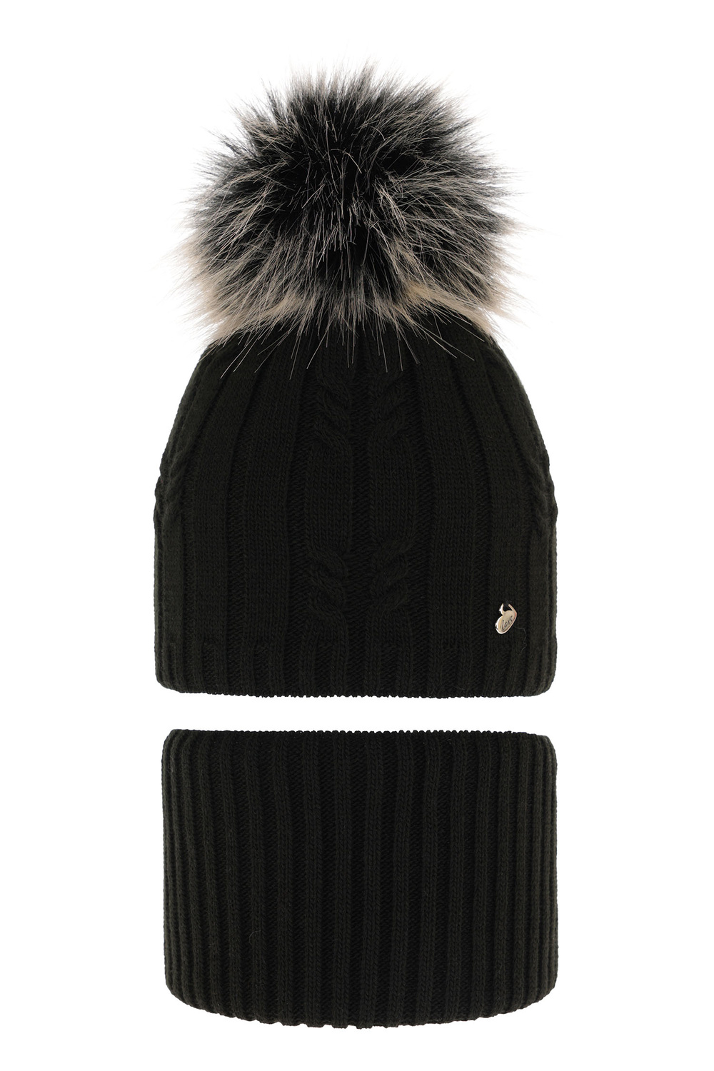 Komplet zimní dívčí: čepice a tunel černý bambulí Amaltea