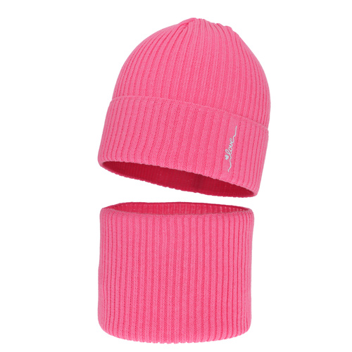 Komplet podzimní/jarní dívčí: čepice a tunel, s bavlnou, růžový Elvara