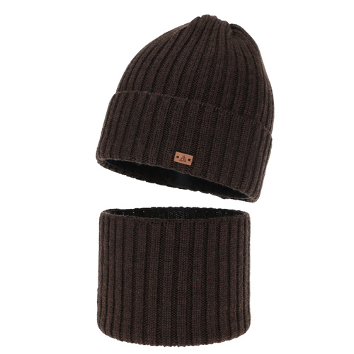 Komplet zimní chlapecký: čepice a tunel, 100% merino vlněný, hnědý, Umberto