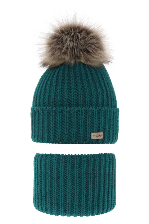 Komplet zimní dívčí: čepice a tunel zelený bambulí Willow