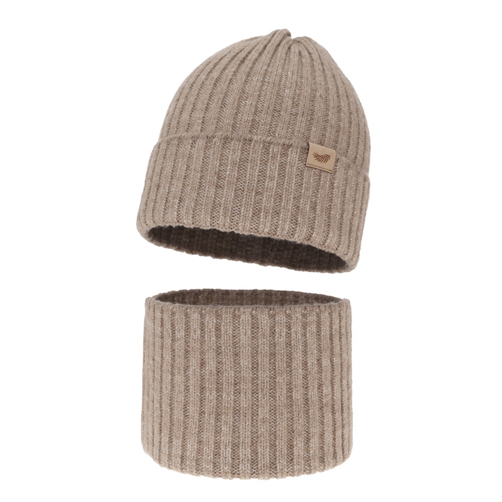 Komplet zimný dievčenský: čiapka a tunel béžový s merino vlnou Karmina