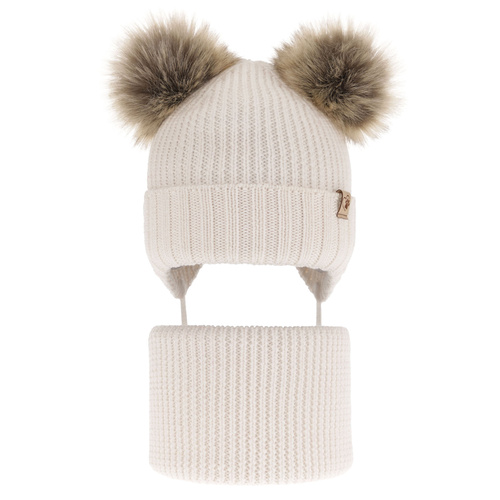 Komplet zimnej dívčí: čepice a tunel bílý 100% extra fine merino vlna Silvia