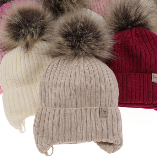 Komplet zimní dívčí: čepice a tunel, světle růžový, zavazovací, 100% merino vlněný, s bambulí, Junika