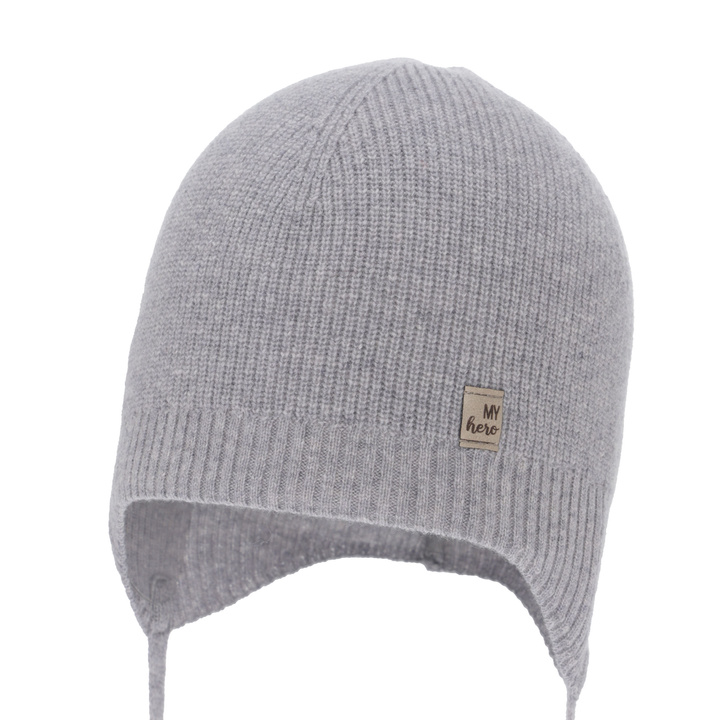 Chlapecká podzimní/jarní čepice, šedá, merino vlna s kašmírem, zavazovací, Tono