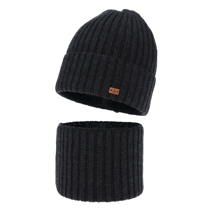 Komplet zimní chlapecký: čepice a tunel, 100% merino vlněný, tmavě šedý, Umberto