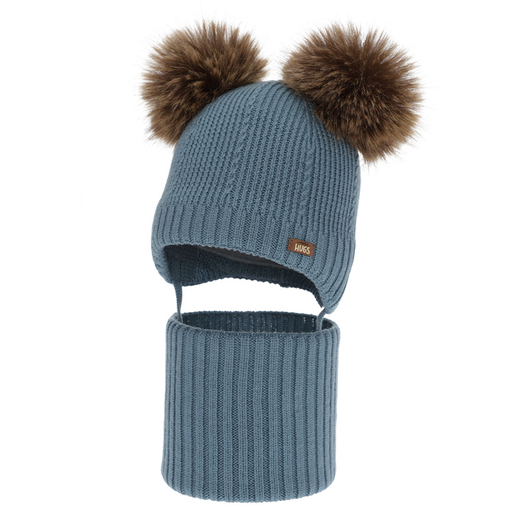 Chlapecká čepice a nákrčník, zimní set, modrý, 100% merino vlna, podšitý vlněným polarem, Lumio