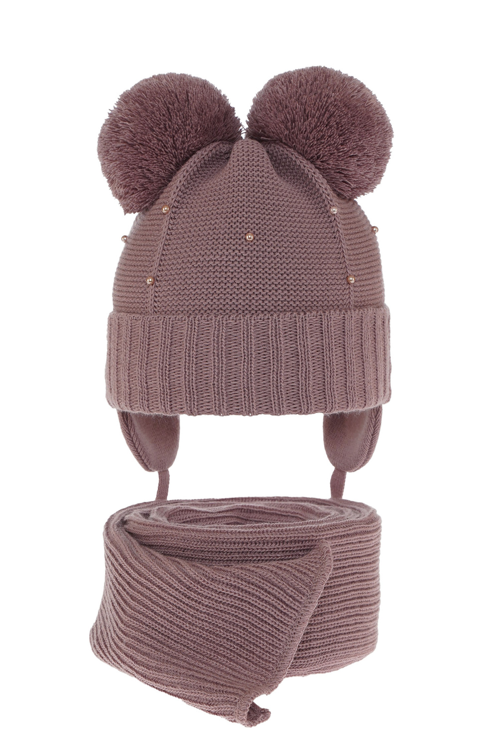 Komplet zimní dívčí: čepice a šála růžový se dvěma bambulemi Fibien