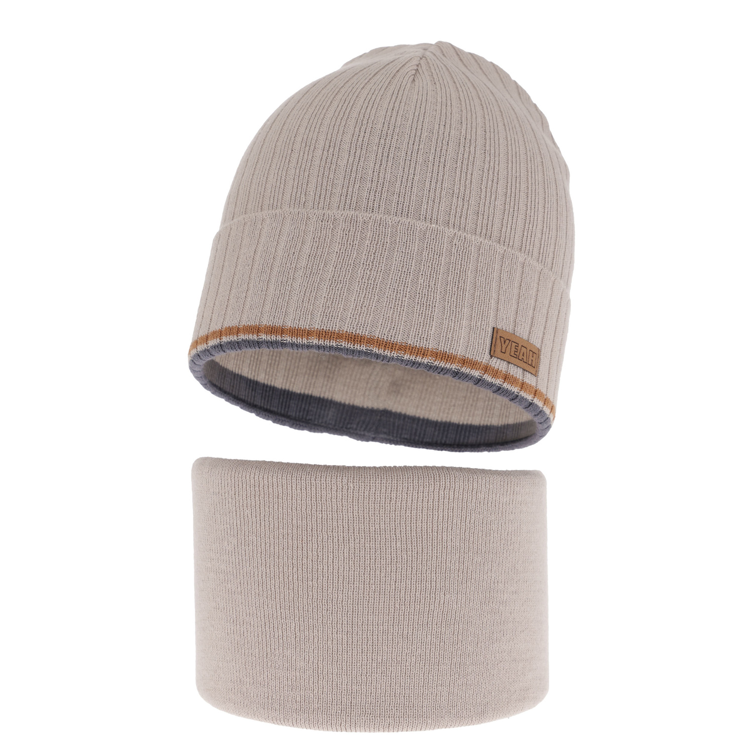 Komplet podzimní/jarní chlapecký: čepice a tunel, s bavlnou, béžový London