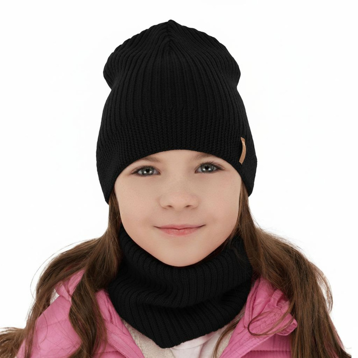 Komplet jesenný/jarný dievčenský čiapka a tunel černý 100% extrafine merino vlna Chelsie