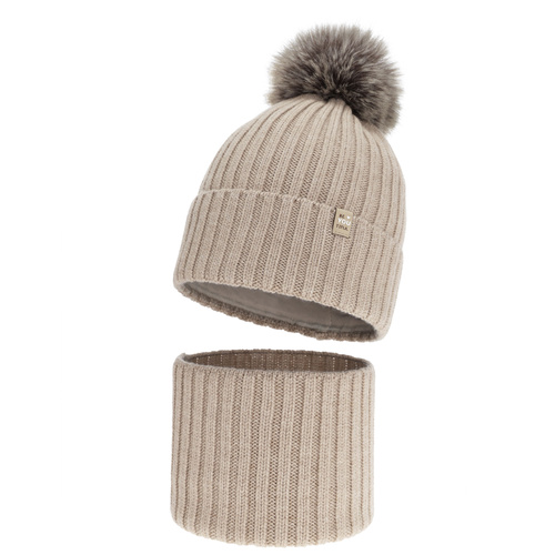 Komplet zimní dívčí: čepice a tunel, bežová, 100% merino vlněná, podšitá bavlnou, s bambulí, Terida