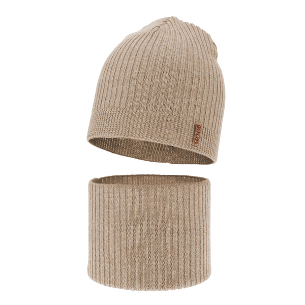 Komplet podzimní/jarní chlapecký: čepice a tunel béžový 100% extrafine merino vlna Chester