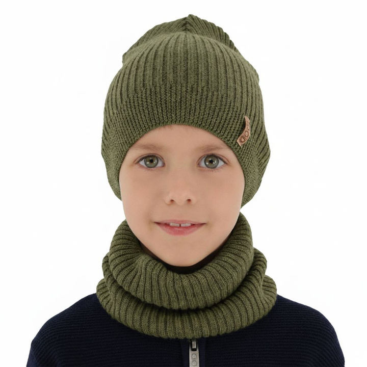 Komplet podzimní/jarní chlapecký: čepice a tunel khaki 100% extrafine merino vlna Chester