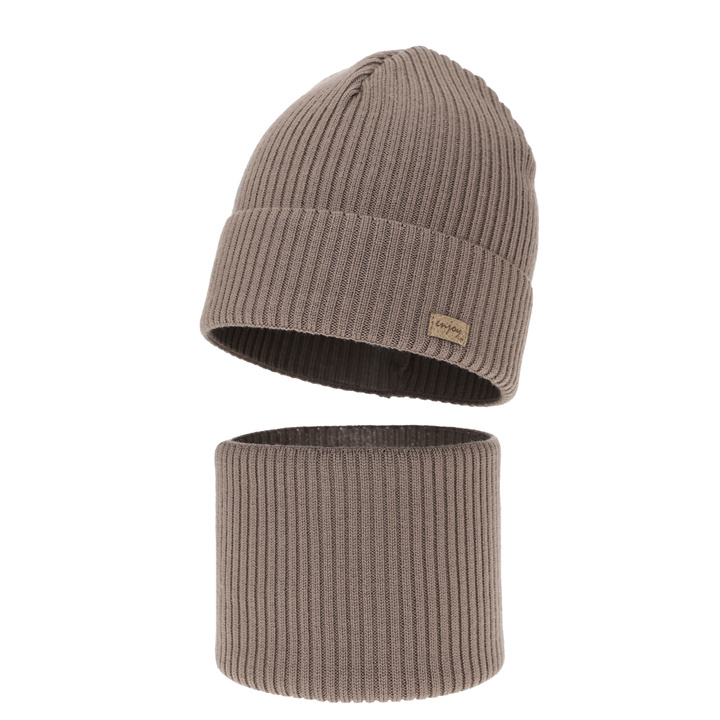 Komplet podzimní, jarní chlapecký: čepice a tunel, tmavě béžový, 100% merino vlněný, Intro