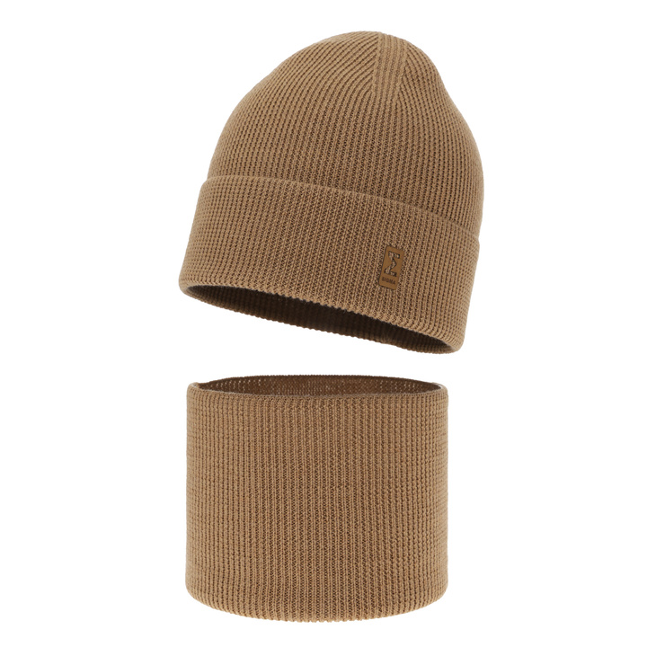 Komplet podzimní/jarní chlapecký: čepice a tunel camel 100% extrafine merino vlna Bruce