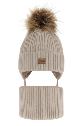 Komplet zimný chlapčenský: čiapka a tunel béžový s bambuľou Eger