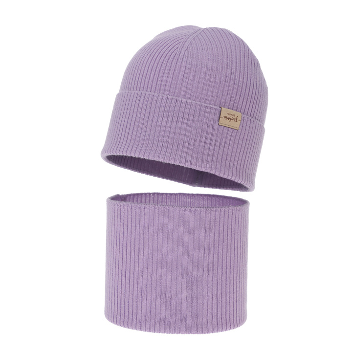 Komplet podzimní, jarní dívčí: čepice a tunel, fioletový, 100% merino vlněná, Magenta