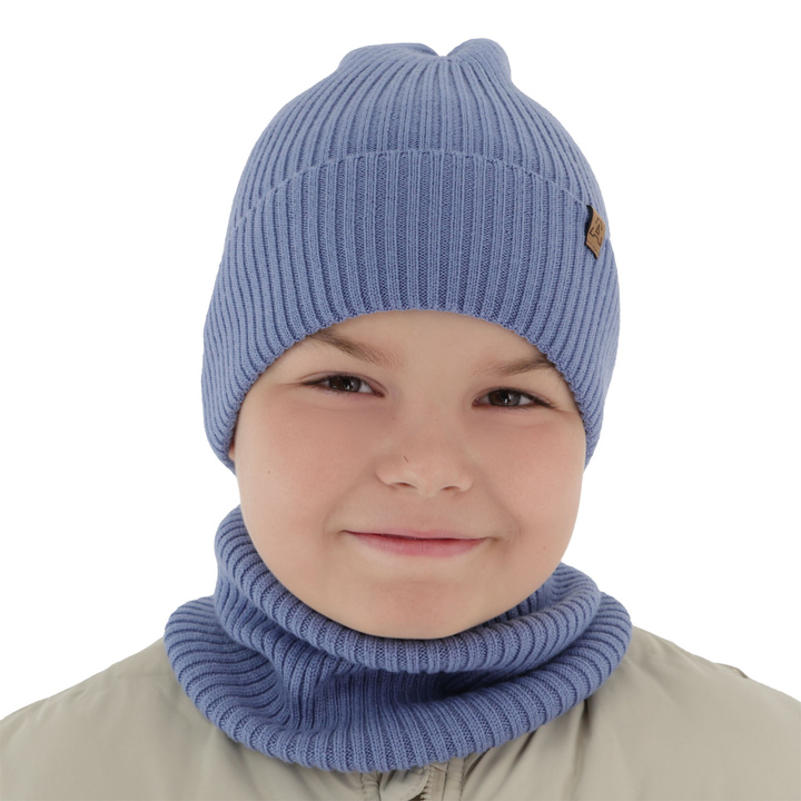 Komplet podzimní/jarní chlapecký: čepice a tunel modrý 100% extrafine merino vlna Lemas