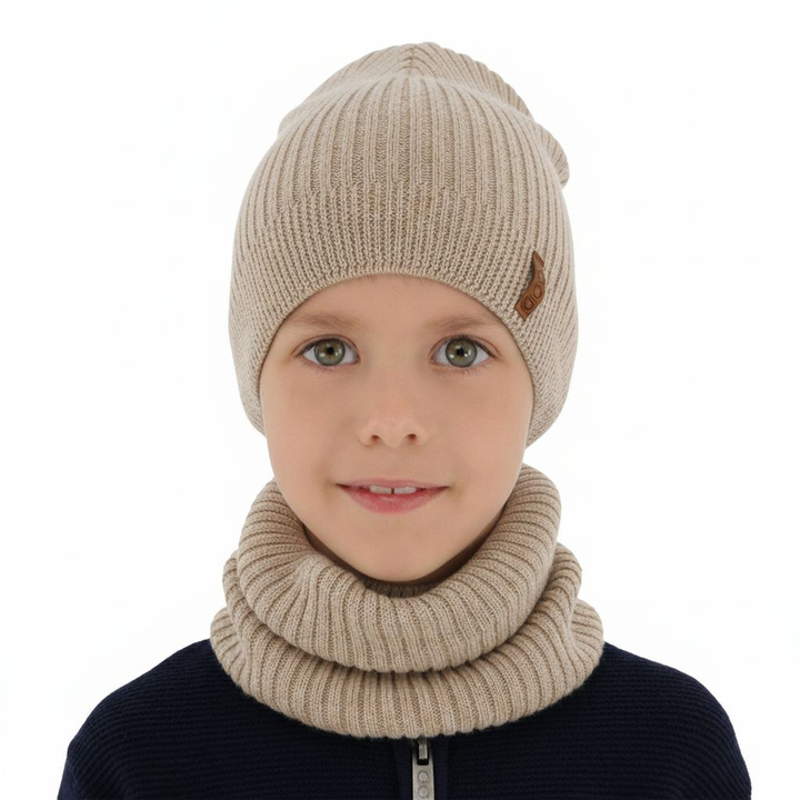 Komplet podzimní/jarní chlapecký: čepice a tunel béžový 100% extrafine merino vlna Chester