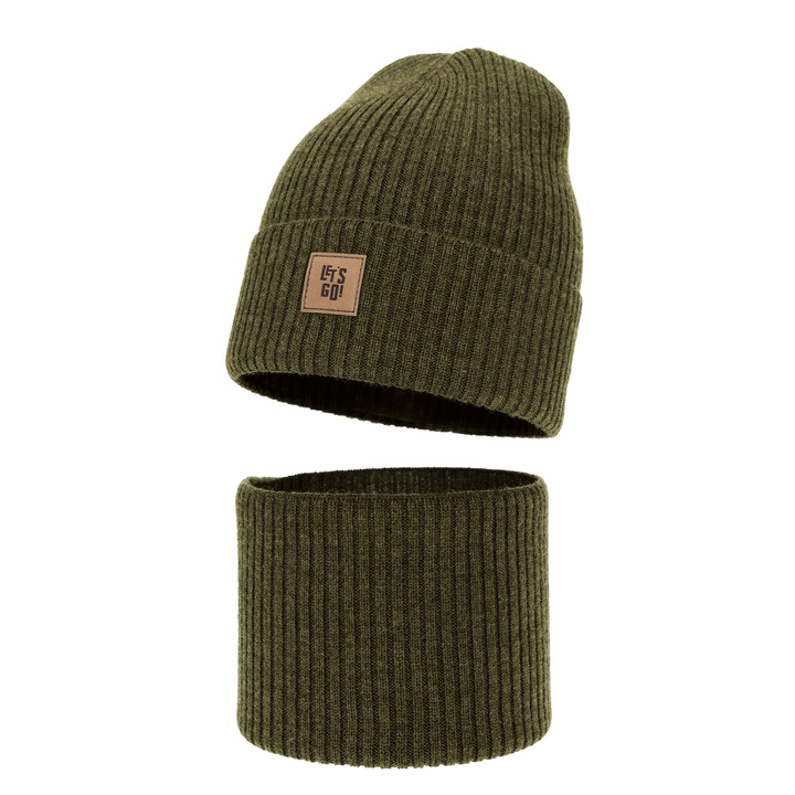 Chlapecká čepice a nákrčník, podzimní, jarní set khaki 100% merino vlna Vanto