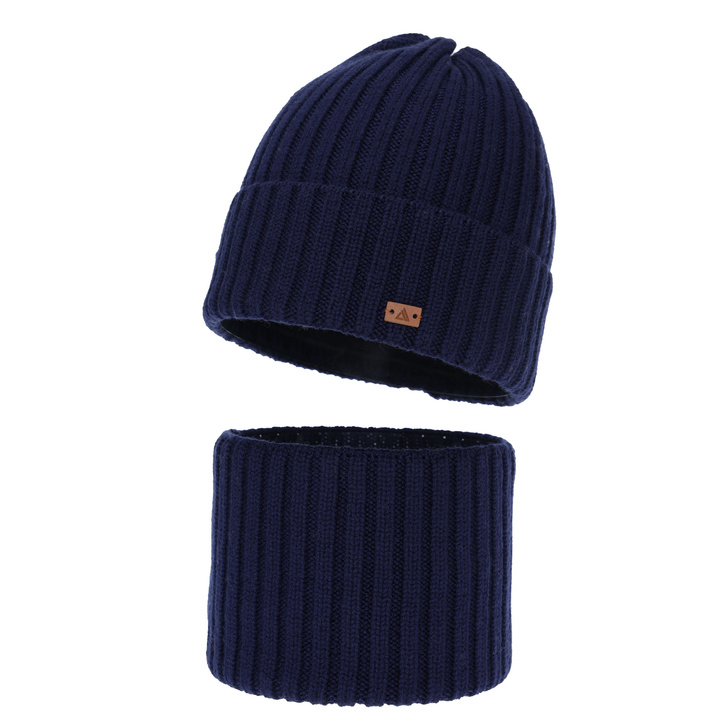 Komplet zimní chlapecký: čepice a tunel, 100% merino vlněný, tmavě modrý, Umberto