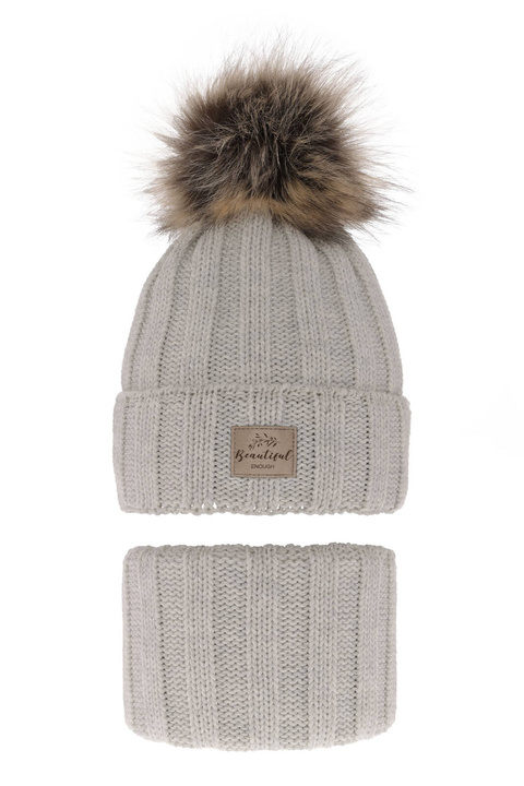 Komplet zimní dívčí: čepice a tunel šedý s bambulí Kaliope