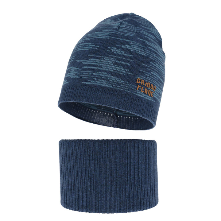 Komplet podzimní/jarní chlapecký: čepice a tunel, s bavlnou, modrý Carter