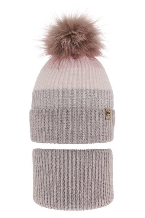 Komplet zimní dívčí: čepice a tunel šedý bambulí Gimena