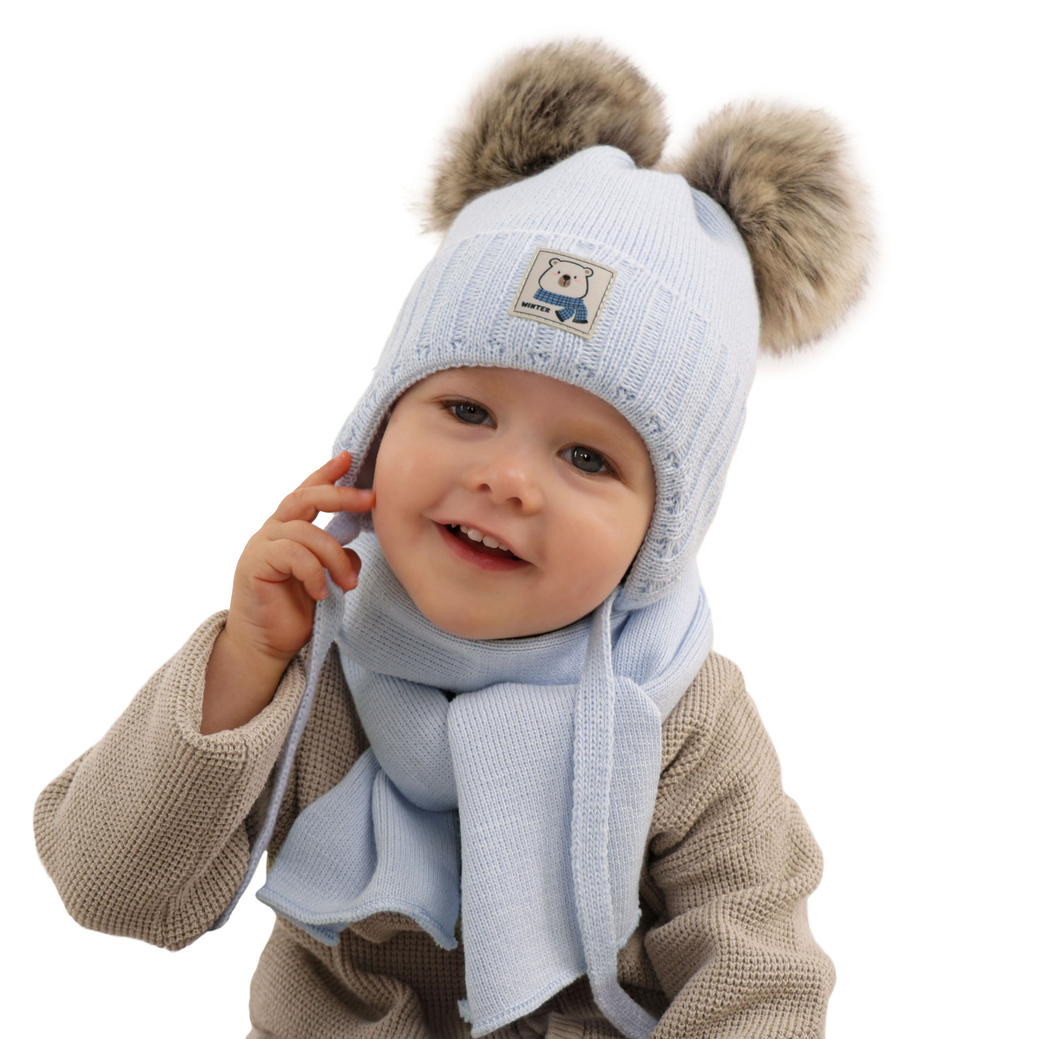 Komplet zimní chlapecký: čepice a šála světle modrý s dvěma bambulemi Jewel