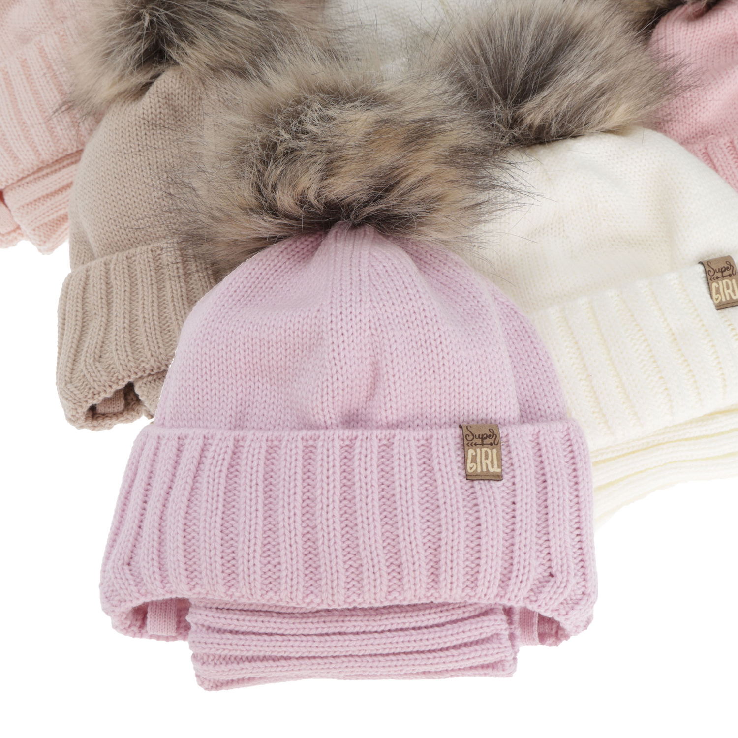 Komplet zimní dívčí: čepice a tunel, béžový, s bambulí, Primula