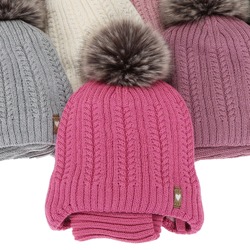 Komplet zimnej dívčí: čepice a tunel, růžový, merino vlna, Muanda